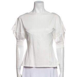 Akira Naka Akiranaka White Cotton Bateau Neckline Short Sleeve Blouse EUC Sz 2/S